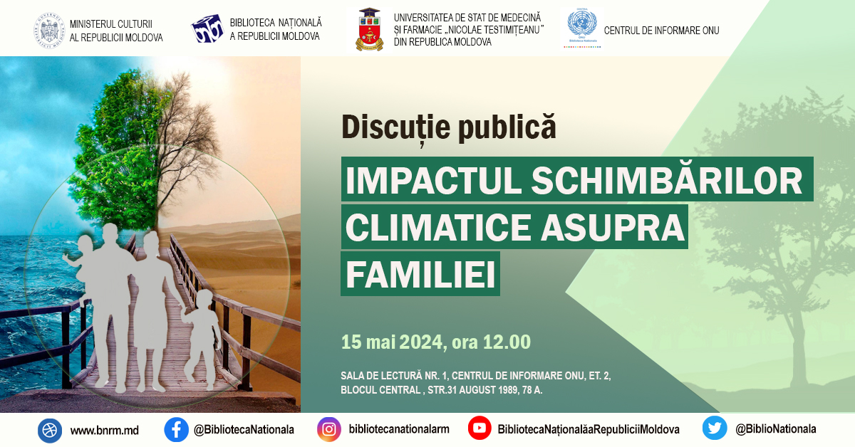 🟢În contextul celebrării Zilei Familiei, Centrul de Informare ONU #BNRM și @USMF_Moldova invită doritorii la ▶️Discuția publică și 📚Expoziția tematică: „Impactul schimbărilor climatice asupra familiei” tinyurl.com/4rxjajbr