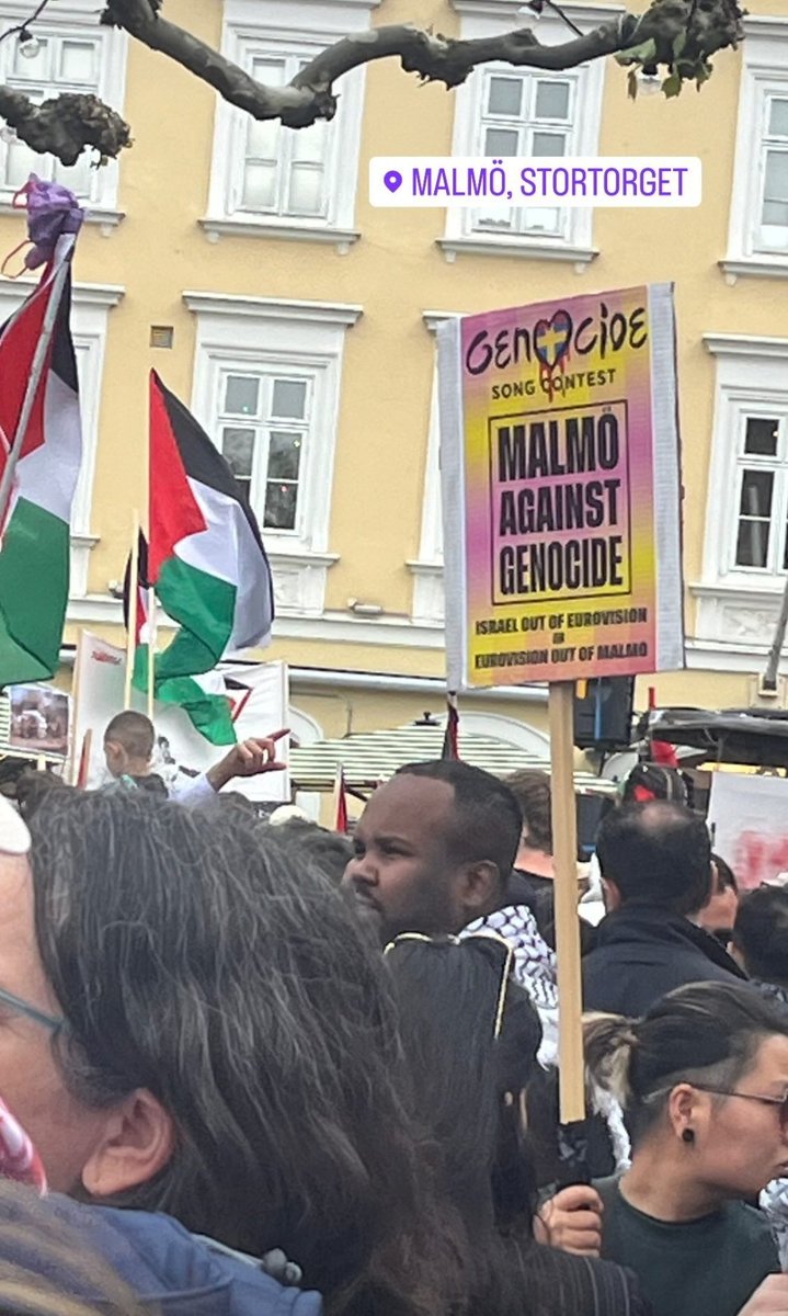 My friend posted this picture. He is currently in Sweden demonstrating against @Eurovision and the city is tiny and yet 30 000 people are marching. But you wouldn't know because mainstream media is trying desperately to downplay it. #BoycottEurovision