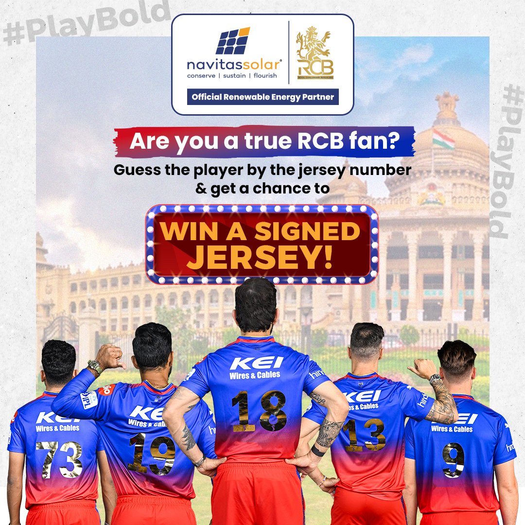 RCBTweets's tweet photo. Guess the player behind the Jersey number, and you could walk away with a signed jersey!
🖊👕 It's as simple as that!

Terms and Conditions:
⿡ One must follow @navitas_solar
⿢ Make your guess
⿣ Tag your friends
⿤ Three lucky winners will be chosen
.
@navitas_solar 🤝 @RCBTweets
Together, we are powering up towards one goal. One goal, to 𝗖𝗼𝗻𝘀𝗲𝗿𝘃𝗲, 𝗦𝘂𝘀𝘁𝗮𝗶𝗻 𝗮𝗻𝗱 𝗙𝗹𝗼𝘂𝗿𝗶𝘀𝗵 🌱
.
.
.
.
[Official Renewable Energy Partner, Navitas Solar, Solar Energy, Sustainable Resources, Giveaway, Cricket Fans, Win Match Tickets, RCB Fans]

#ExplorePage #RCB #GuessThePlayer #SignedJersey #NavitasSolar #CricketContest #GiveAway #CommentAndWin #ContestAlert #RCBxNAVITAS #NavitasSolar #RCB #RenewablePartners #SolarEnergy #GreenFuture #CleanGame #CleanEnergy #PlayBold #CricketFans #RCBFans #royalchallengersbengaluru