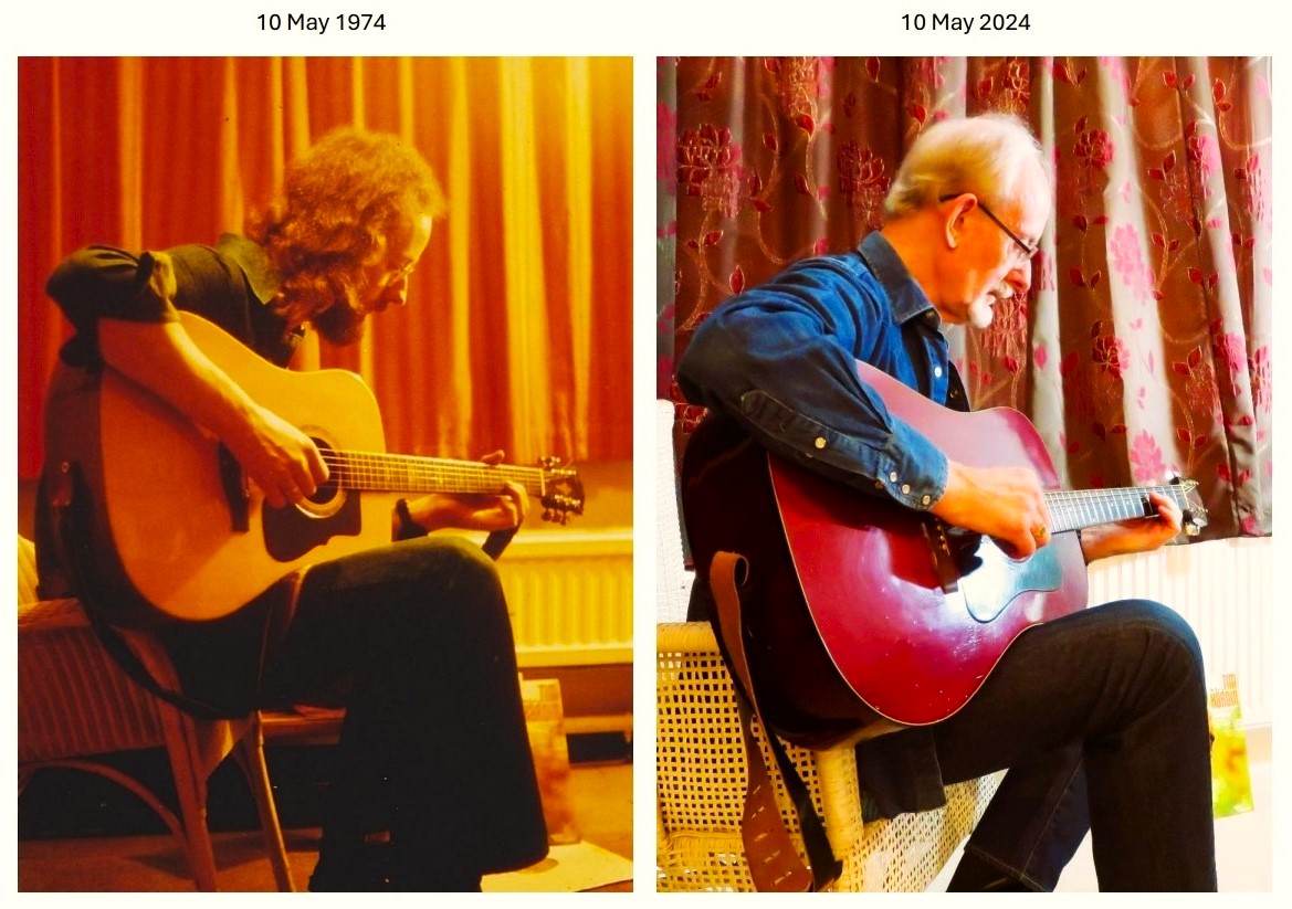 50 years on and I'm still struggling to get past the 3rd fret! Lots of things have changed since the first of these photos was taken and the flared jeans are long gone, but I've still got the same Tim Hardin LP, there in the background and it is still one of my treasured albums.