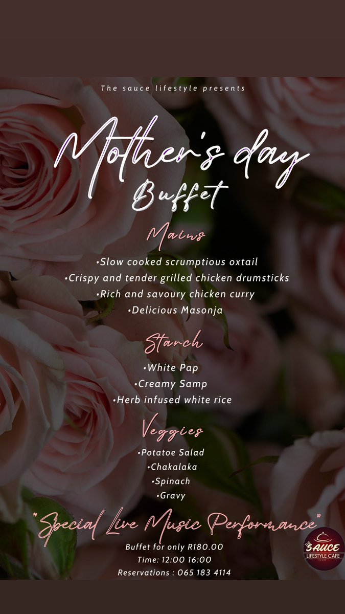 We’re showing out for the mommies this Mother’s Day 👩❤️ Join us for a scrumptious Mother’s Day buffet 🍲 Buffet for only R180.00 per person. Experience a beautiful live band to serenade our mommies! 🎷 Entrance Free!💃 #mothersday #mothers #buffet #foodies #polokwane