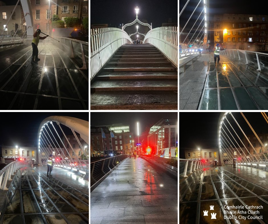 Another busy night for our #wastemanagement #nightshift team, deep cleaning many of our iconic bridges in #Dublin city centre. James Joyce Bridge, Ha'penny Bridge & Rosie Hackett Bridge are looking beautiful this morning. #YourCouncil #keepdublinbeautiful