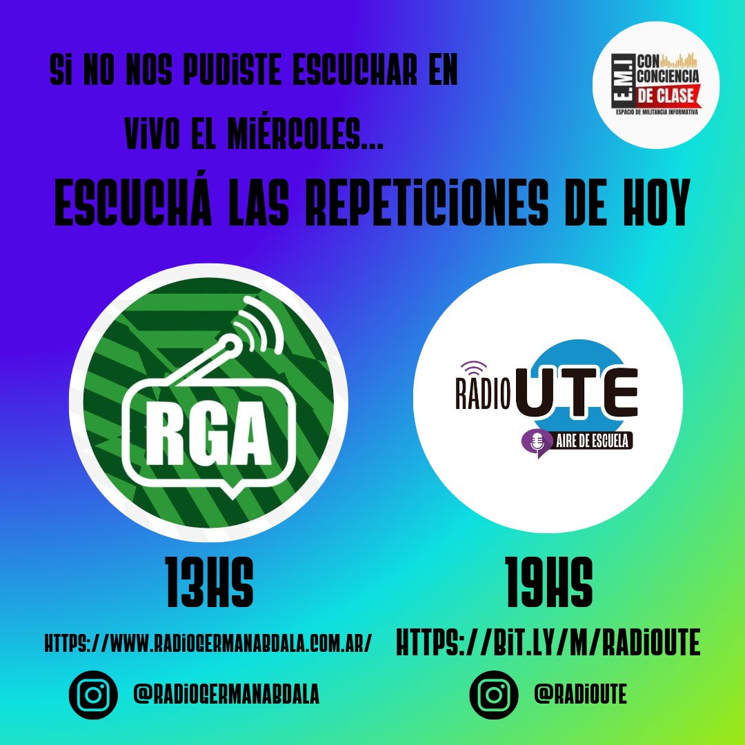 📣 Programón el del miércoles! 
🖤 Si no nos pudiste escuchar en vivo, #hoy, #viernes, podés escuchar las repeticiones!
❤️ 13hs en <a href="/radiogabdala/">Radio Germán Abdala</a>
🧡 19hs en @radioute 
🤍 Gracias <a href="/angegraciano/">Angélica Graciano</a> por la entrevista 🤗
#EMI #EspacioDeMilitanciaInformativa #radio