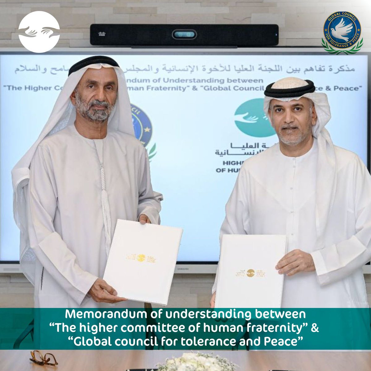 HCHF Secretary-General Dr. Khaled Al-Ghaith and President of the Global Council for Tolerance and Peace H.E. Ahmed Al-Jarwan sign a memorandum of understanding to advance collaboration and joint promotion of human fraternity values ​​including tolerance.