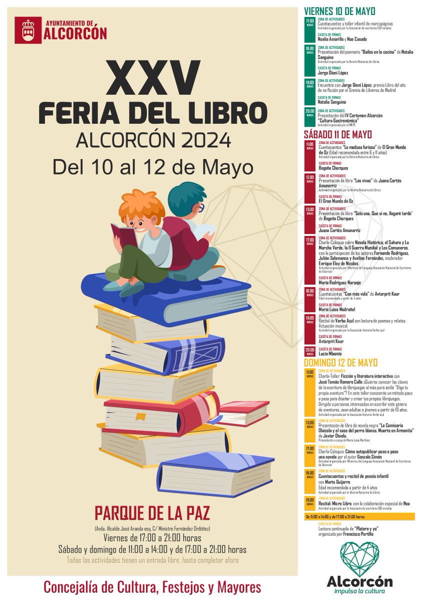 📢Recuerda esta tarde ABRIMOS XXV FERIA DEL LIBRO 🕑18h ➡️Zona de actividades Presentación poemario 'Bailes en la cocina' NataliaSanguino. @nocturnalibros ➡️Caseta firmas 📍@jorgedioni Profesor de lectura y escritura en @deescritores Autor: La España de las piscinas #alcorcon