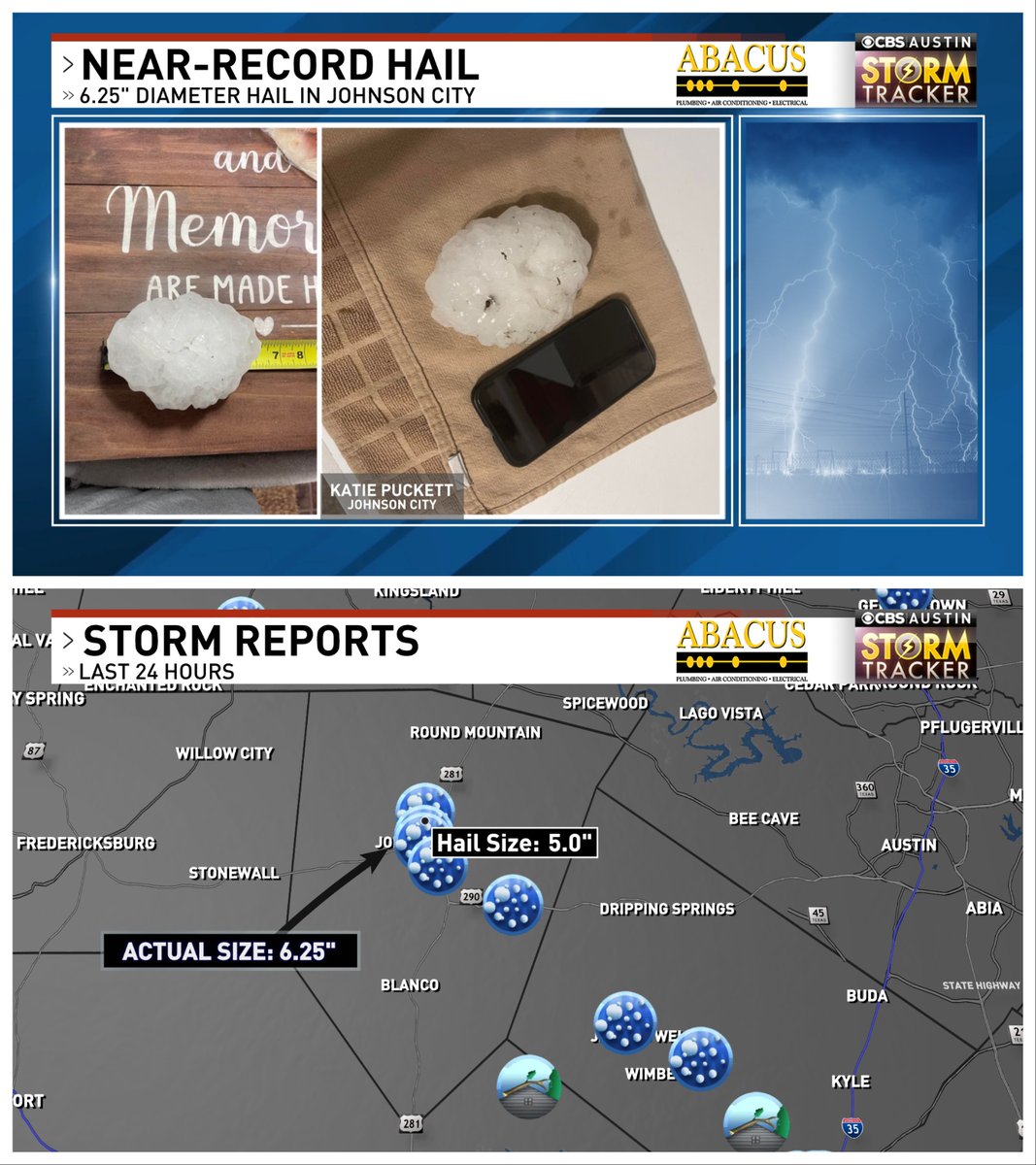Last night's hail in Johnson City was quite literally off the charts. Evidently, the maximum hail size that the National Weather Service can put in a storm report is 5'... The iPhone-sized hail there was actually 6.25' in diameter #atxwx #txwx