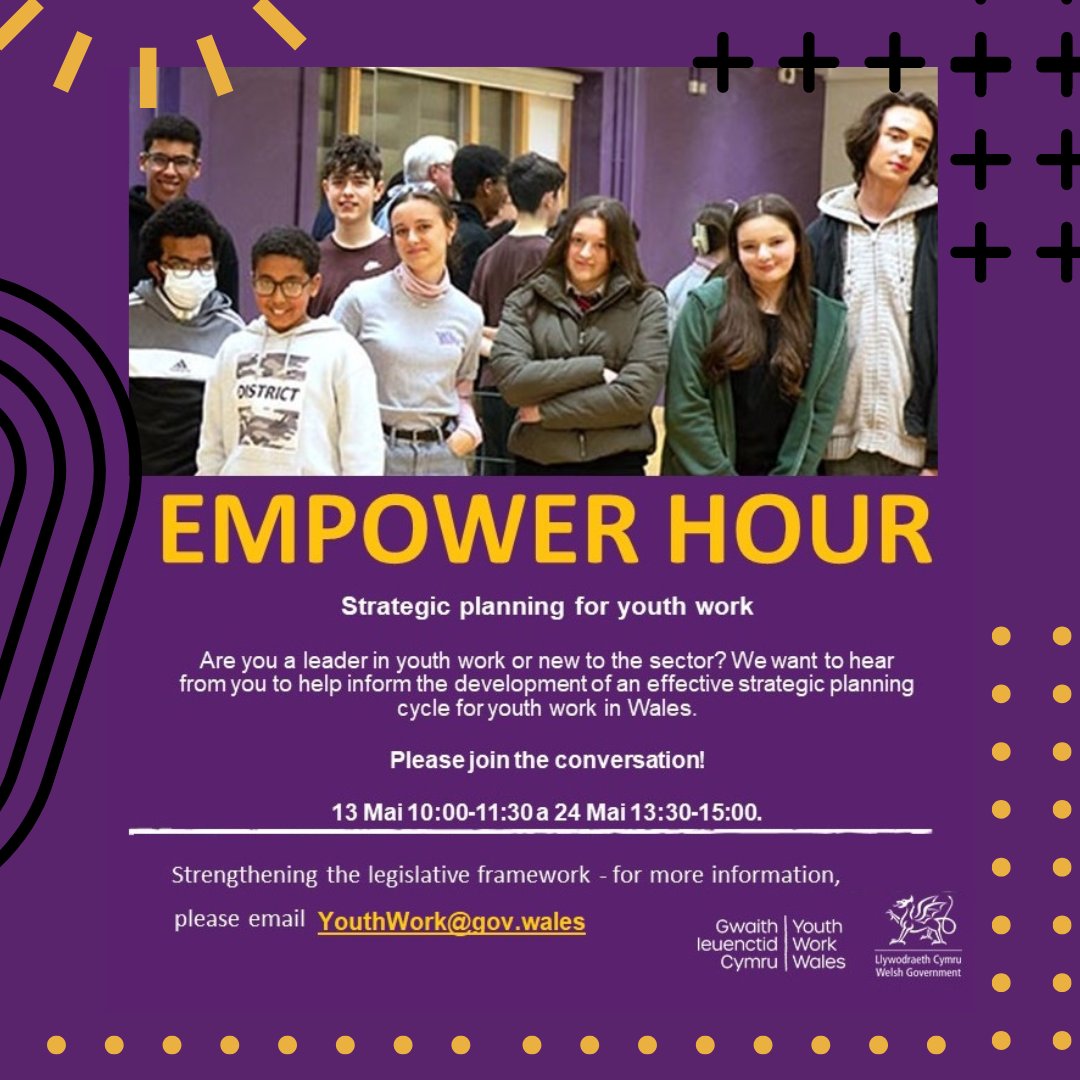 Join the conversation!
#EmpowerHour open session.

Strategic planning for Youth Work in Wales:

🔸 Monday, 13th May
🔸10.00 - 11.30

Email YouthWork@gov.wales to join or for further information.