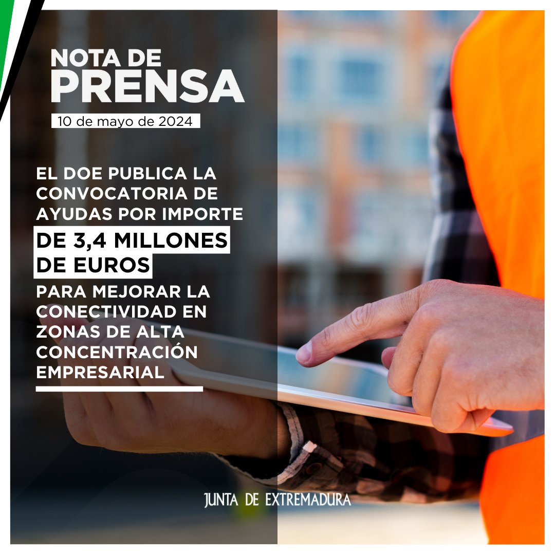 El DOE publica la convocatoria de ayudas por importe de 3,4 millones de euros para mejorar la conectividad en zonas de alta concentración empresarial. ✅ El plazo de presentación de solicitudes es hasta el 10 de junio de 2024. 👉 Más info | juntaex.es/w/ayudas-doe-2