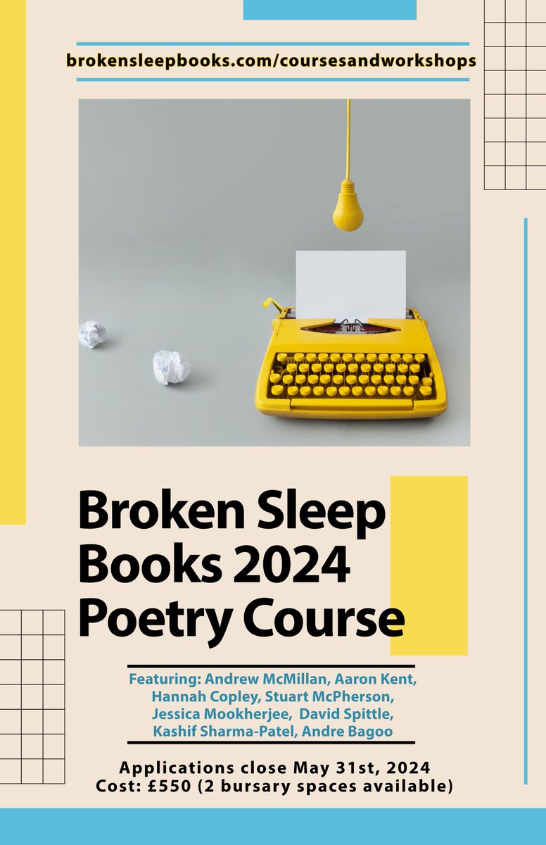 We're running an online poetry course! It is scheduled to last for 7 weeks from Monday 1st July to Sunday 17th August. Each week will be hosted by a different Broken Sleep Books author, guiding attendees towards completing a manuscript. brokensleepbooks.com/coursesandwork…