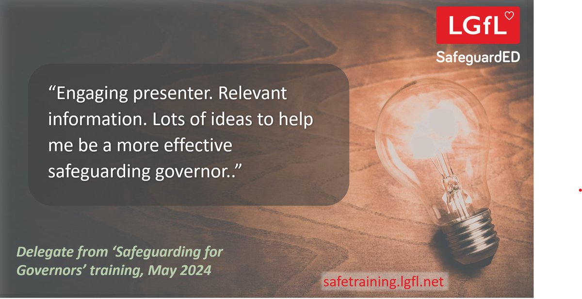 Safeguarding for #governors - Have all your governors attended training about their #safeguarding responsibilities? 🗓️Next course: 17 June @ 6pm, FREE to governors ➡️BOOK: safetraining.lgfl.net LOOK: governorsafe.lgfl.net @LGfL @LGfLIncludED
