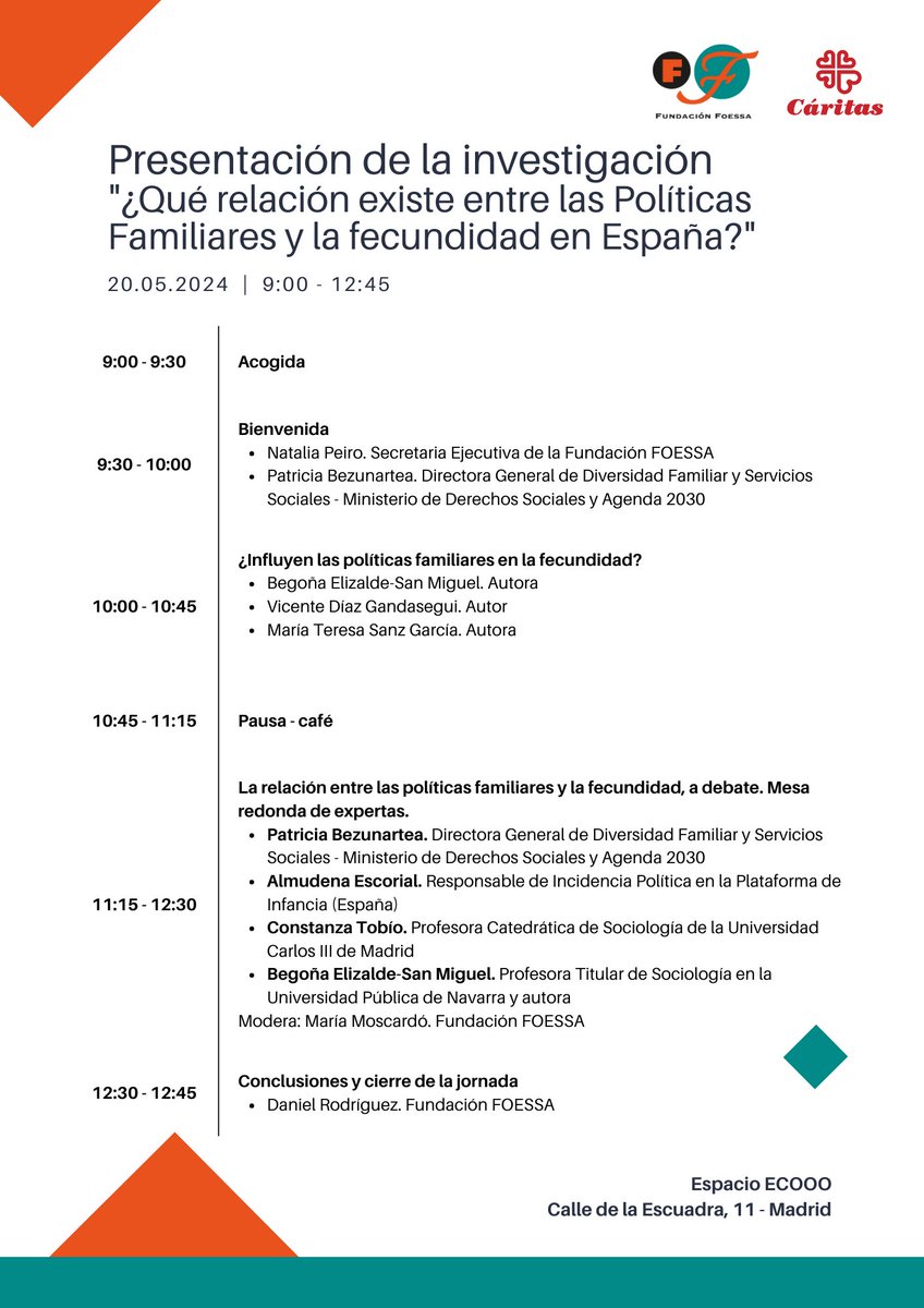 Fundación FOESSA (@_foessa) on Twitter photo 🆕¿Qué relación existe entre las políticas familiares y la fecundidad en España?
📚Presentación de la investigación ganadora del VI concurso de investigación realizada y ensayo.
📅 Lunes 20 de mayo a las 9:30. Espacio Ecooo (Madrid)
👇 Inscríbete aquí 
bit.ly/4bnqN1o 🆕¿Qué relación existe entre las políticas familiares y la fecundidad en España?
📚Presentación de la investigación ganadora del VI concurso de investigación realizada y ensayo.
📅 Lunes 20 de mayo a las 9:30. Espacio Ecooo (Madrid)
👇 Inscríbete aquí 
bit.ly/4bnqN1o