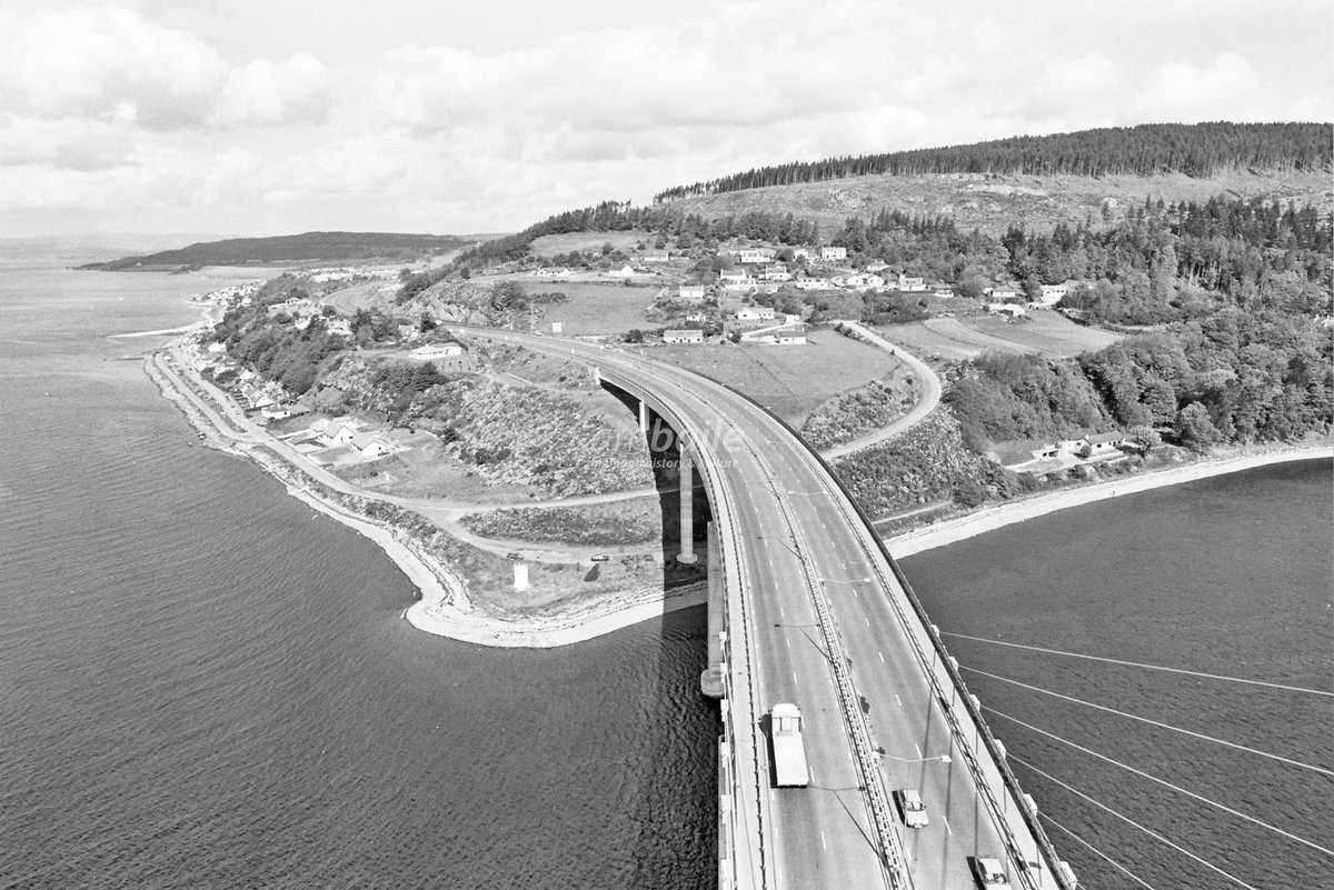 An aerial view over the Kessock Bridge showing North Kessock and the Beauly Firth (left) and Craigton (right), May 1988 [photo: Ken MacKenzie / @HighlandCouncil]