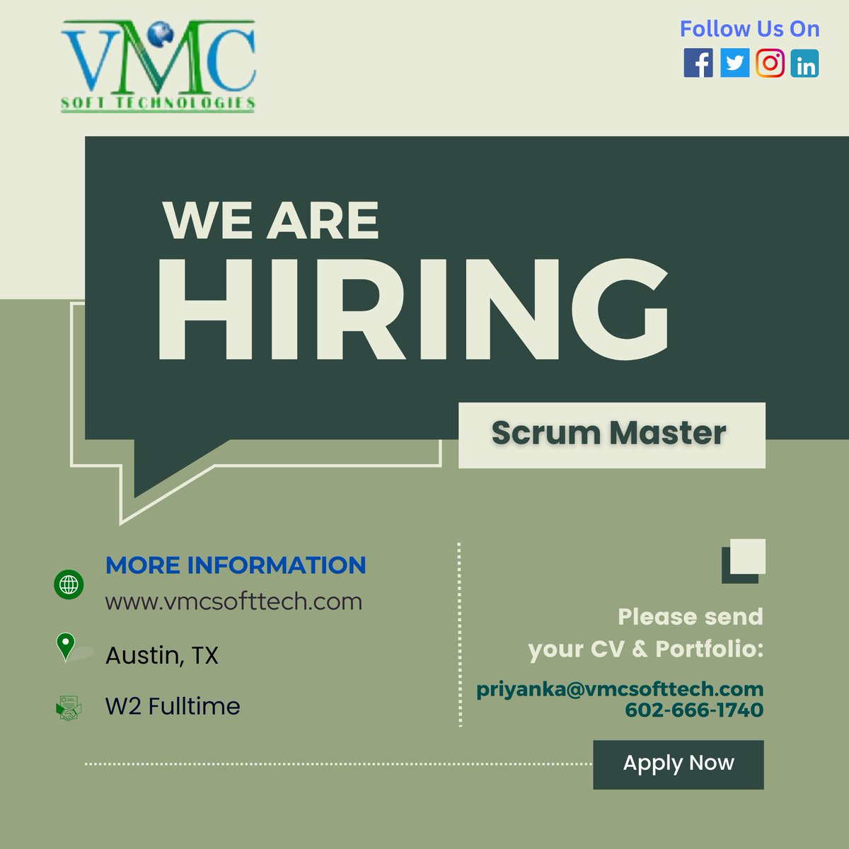 VMC Soft Technologies looking for a Scrum Master in Austin,TX Job Title: Scrum Master Locations: Austin,TX Contract: W2 Full-Time For more details: priyanka@vmcsofttech.com/ 602-666-1740 #scrummaster #scrum #agile #agilecoach #productowner #kanban #projectmanagement