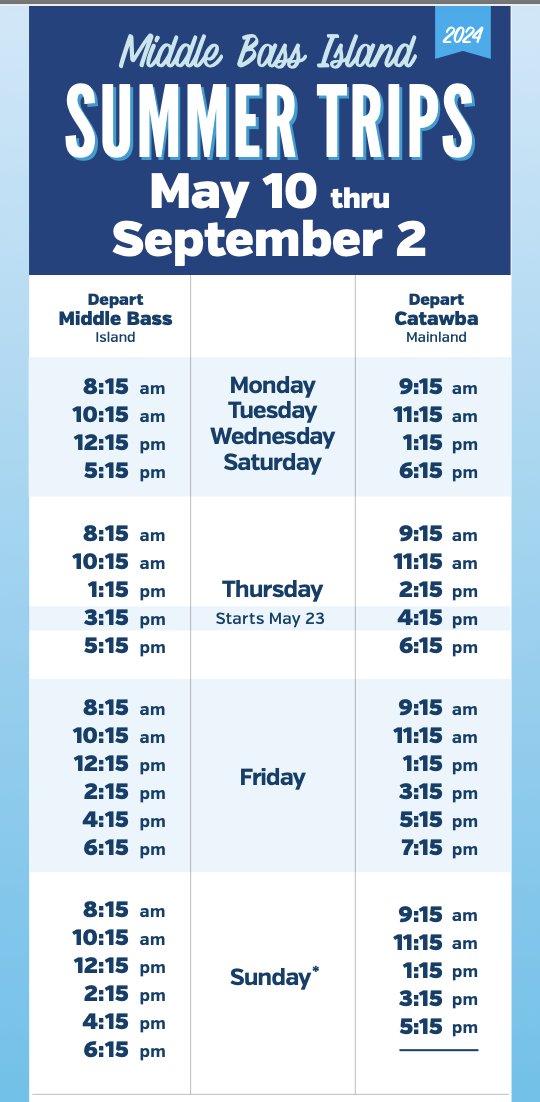 Here's the Middle Bass Island ferry schedule effective May 10. Visit MillerFerry.com to plan your Lake Erie Island getaway. #millerferry