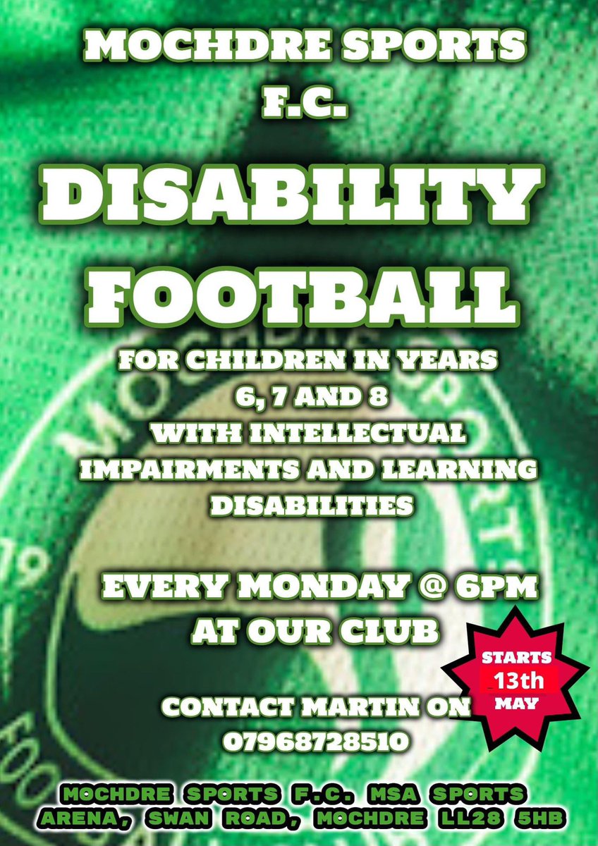Mark Richards (@markrichardsdsw) on Twitter photo A new Disability Football session starts next week at <a href="/MochdreSports/">Mochdre Sports FC</a>
Ideal for disabled youngsters aged 10-13 years who want to play football in an inclusive environment.
#DisabilityFootball #Inclusion A new Disability Football session starts next week at <a href="/MochdreSports/">Mochdre Sports FC</a>
Ideal for disabled youngsters aged 10-13 years who want to play football in an inclusive environment.
#DisabilityFootball #Inclusion
