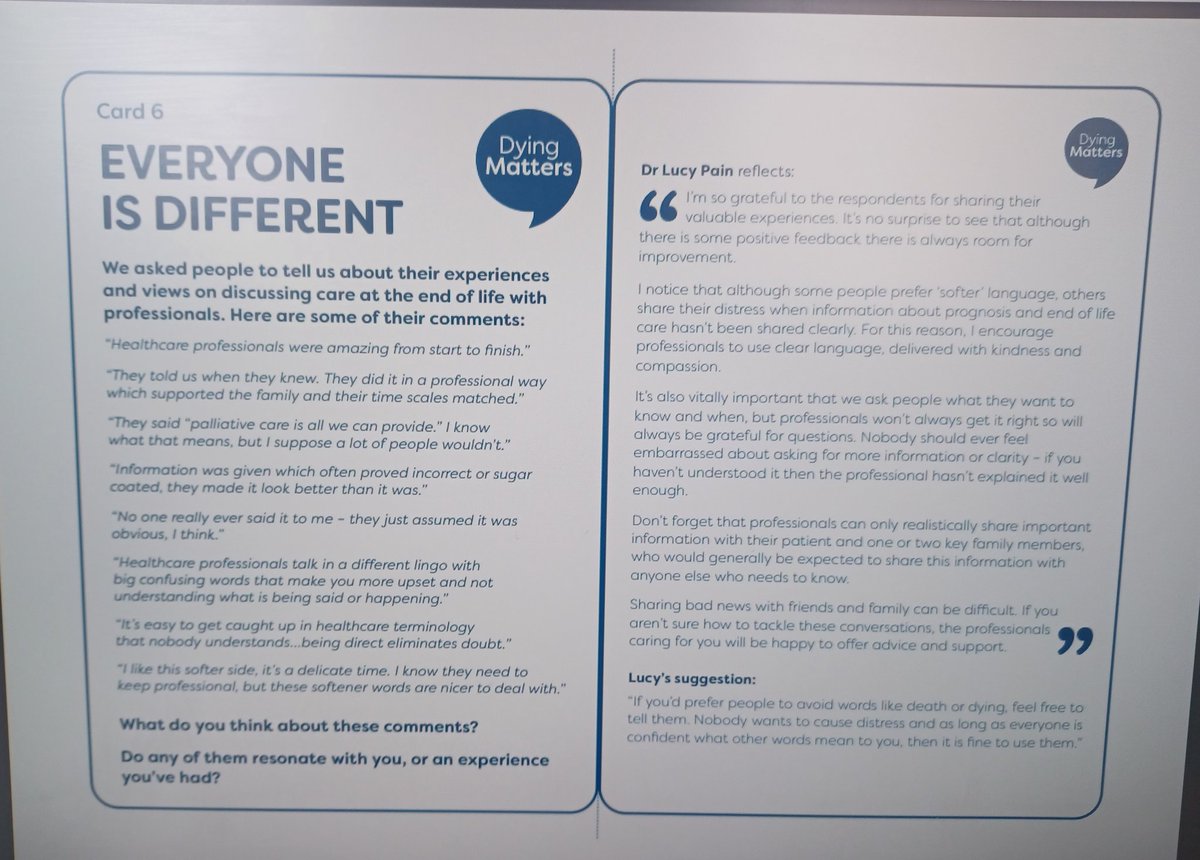 How much does your patient want to know, what words do they prefer you use, who do they want involved? Everyone is different....just ask them. #TheWayWeTalkAboutDyingMatters @paulawooparr @EOLC_TeamMRI @SPCTWythenshawe @DyingMatters @NMGNursingfocus