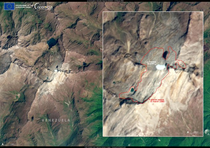 El #CambioClimático está afectando gravemente a los glaciares del mundo.

Se cree que #Venezuela será el primer país de la era moderna en perder todos sus glaciares

La #ImagenDelDía de @CopernicusEU muestra #LaCorona, el último glaciar en 🇻🇪, que se ha reducido a menos de 2 ha.