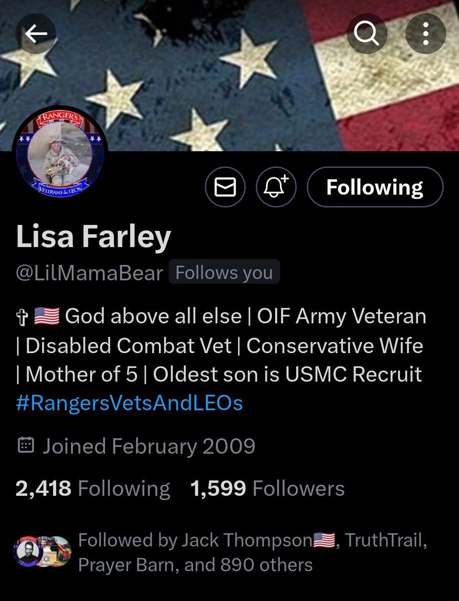 Hey 🇺🇸 America help push this 🇺🇸 Army Veteran to 2000 followers by Saturday. Lisa Farley @LilMamaBear is a Loving Wife and Mother, She's also a Disabled Combat Veteran. So come on 🇺🇸 America show this 🇺🇸 Veteran what 🇺🇸 America can do. Help get her to 2000 followers.…