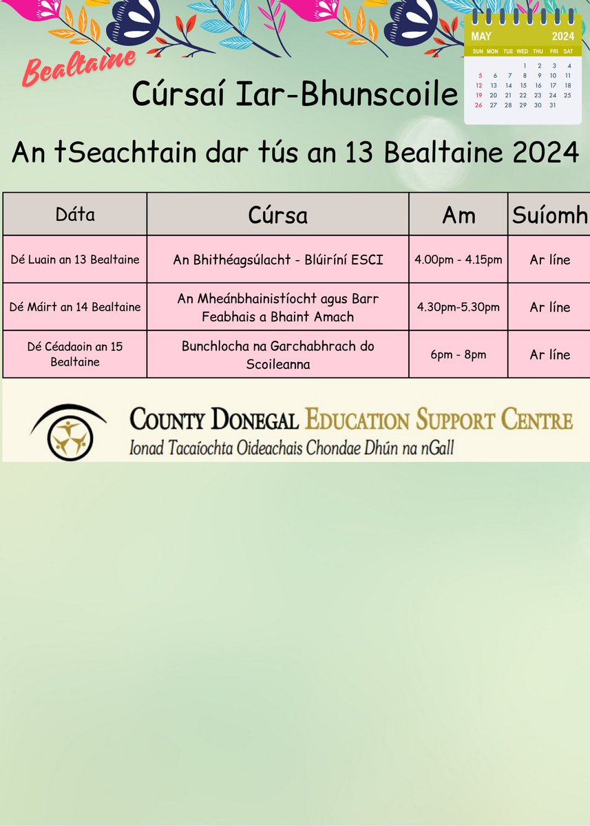 🌿🩺👥 Leagan Gaeilge de na cúrsaí iar-bhunscoile a bheidh ar siúl ag Ionad Tacaíochta Oideachais Dhún na nGall le linn na seachtaine dar tús an 13 Bealtaine, 2024 👥🩺🌿
Cláraigh ar :
donegaledcentre.ie/post-primary-c…