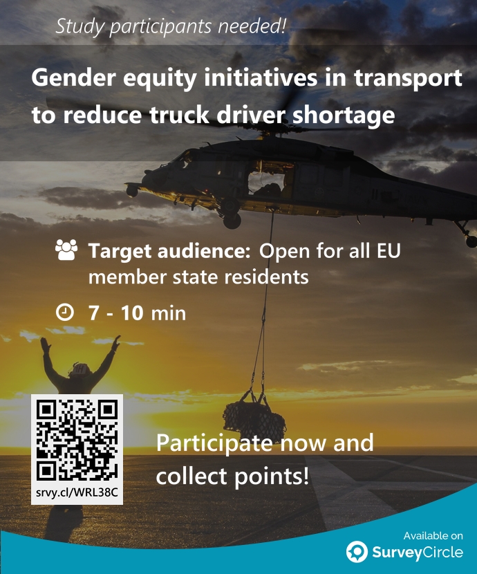 Participants needed for top-ranked study on SurveyCircle: 'Gender equity initiatives in transport to reduce truck driver shortage' surveycircle.com/WRL38C/ via @SurveyCircle #SalfordUni #SupplyChainAndLogicstics #sustainabiloity #GenderEquality #transportation