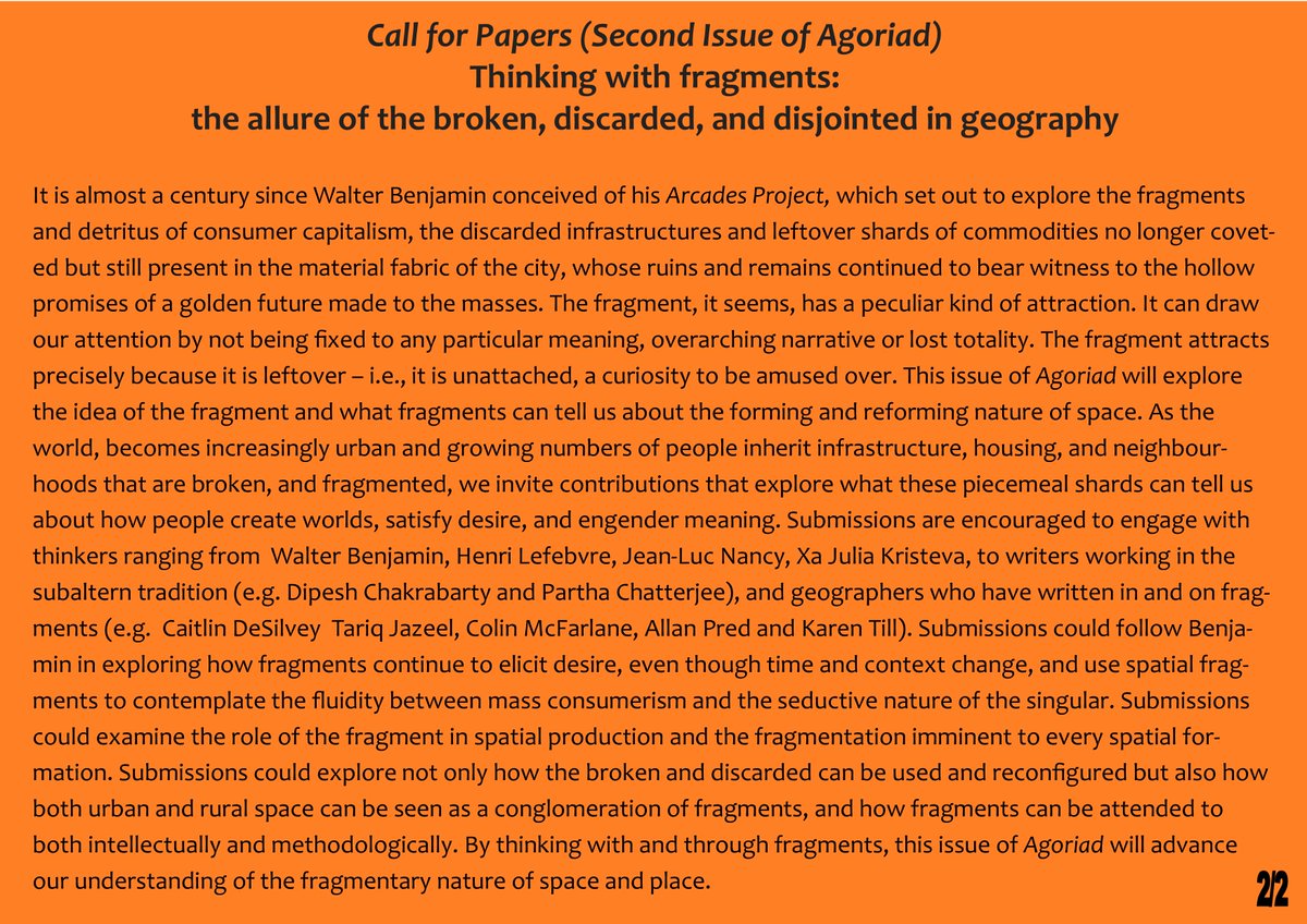 Call for Papers: Second issue of Agoriad: A journal of spatial theory Thinking with fragments: the allure of the broken, discarded, and disjointed in geography agoriad.cardiffuniversitypress.org