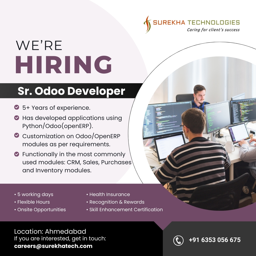 surekhatech's tweet image. Surekha Technologies is looking for a Senior Odoo Developer! If you&apos;re experienced with Odoo, send your resume to +916353056675 or careers@surekhatech.com.

Apply now: surekhatech.com/job-applicatio…

#OdooDevelopers #OdooJobs #AhmedabadJobs #WeAreHiring #SoftwareDeveloper #SurekhaTech