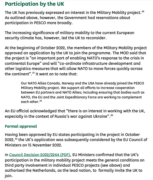 ABridgen's tweet photo. From "EU Permanent Structured Cooperation (PESCO): a future role for UK defence?"
#PESCO, like all EU legislation, is geared towards ever closer union and the UK is joining in. 
Almost as though Brexit never happened. https://t.co/dV4QT2DD15