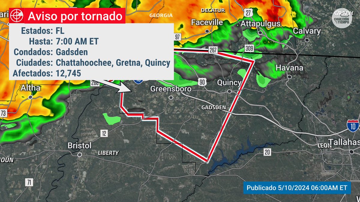 ¡Atención hay un aviso por tornado! Si estás en Gadsden busca refugio ¡ahora mismo! en tu sitio seguro. Este aviso se mantiene hasta el 10 May 7:00AM EDT. Síguenos para más información: bit.ly/3PKAzjL