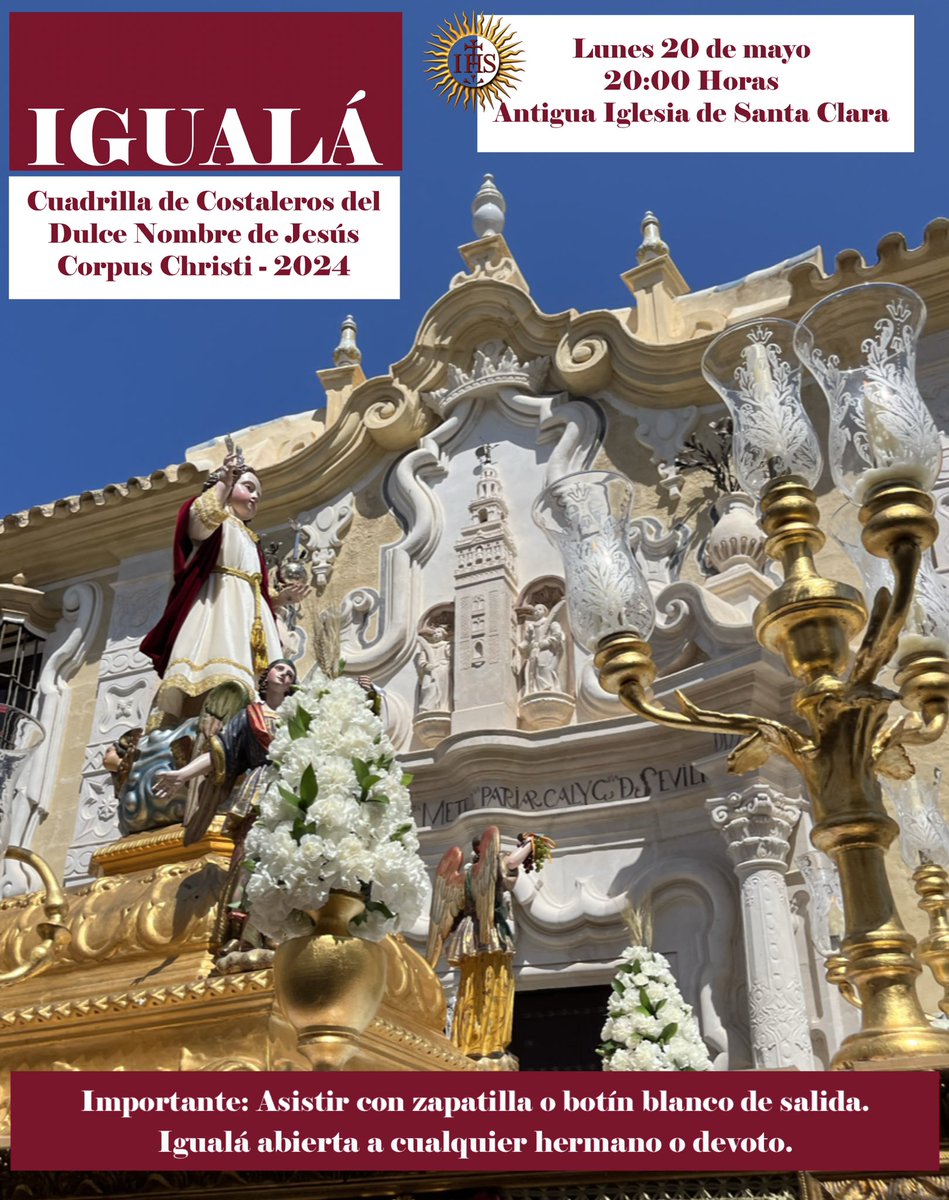 𝐈𝐆𝐔𝐀𝐋𝐀́ 𝐃𝐄 𝐂𝐎𝐒𝐓𝐀𝐋𝐄𝐑𝐎𝐒 𝐃𝐄𝐋 𝐃𝐔𝐋𝐂𝐄 𝐍𝐎𝐌𝐁𝐑𝐄 𝐃𝐄 𝐉𝐄𝐒𝐔́𝐒 

🗓️ Lunes 20 de mayo
⏰ 20:00 Horas
📍 Antigua Iglesia de Santa Clara (C/ La Huerta)
