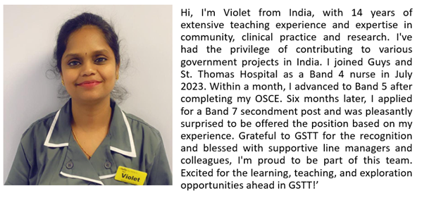 Violet is an IEN from India who joined us last year. In Feb she got a B7 PDN secondment post - 'Grateful to GSTT for the recognition & blessed with supportive line managers & colleagues, I'm proud to be part of this team.' #ProudToBeGSTT #TeamILS #JoinUs @NHS @GSTTnhs