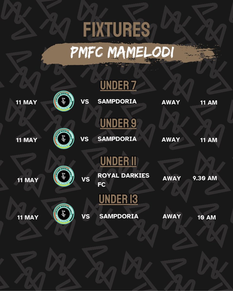 FIXTURES ALERT ‼️⚽️

A weekend filled with football action! All the best to our teams, we back you 100%!🤩

#PMFC #PMSS #Fixtures #CreatingThePlayerofTomorrow