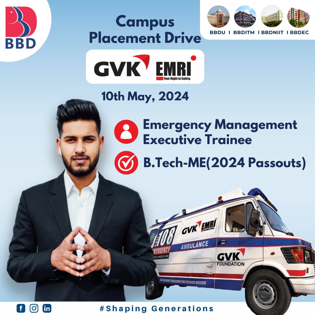 GVK EMRI, a pioneer in Emergency Management Services in India. We are delighted to host the company at our Campus for a Placement Drive of 2024 passout Batch. #GVKEmri #EmergencyService #EMETrainee #campusplacement #bbdgroup #lucknow #wearefutureready #bestuniversity #lucknow