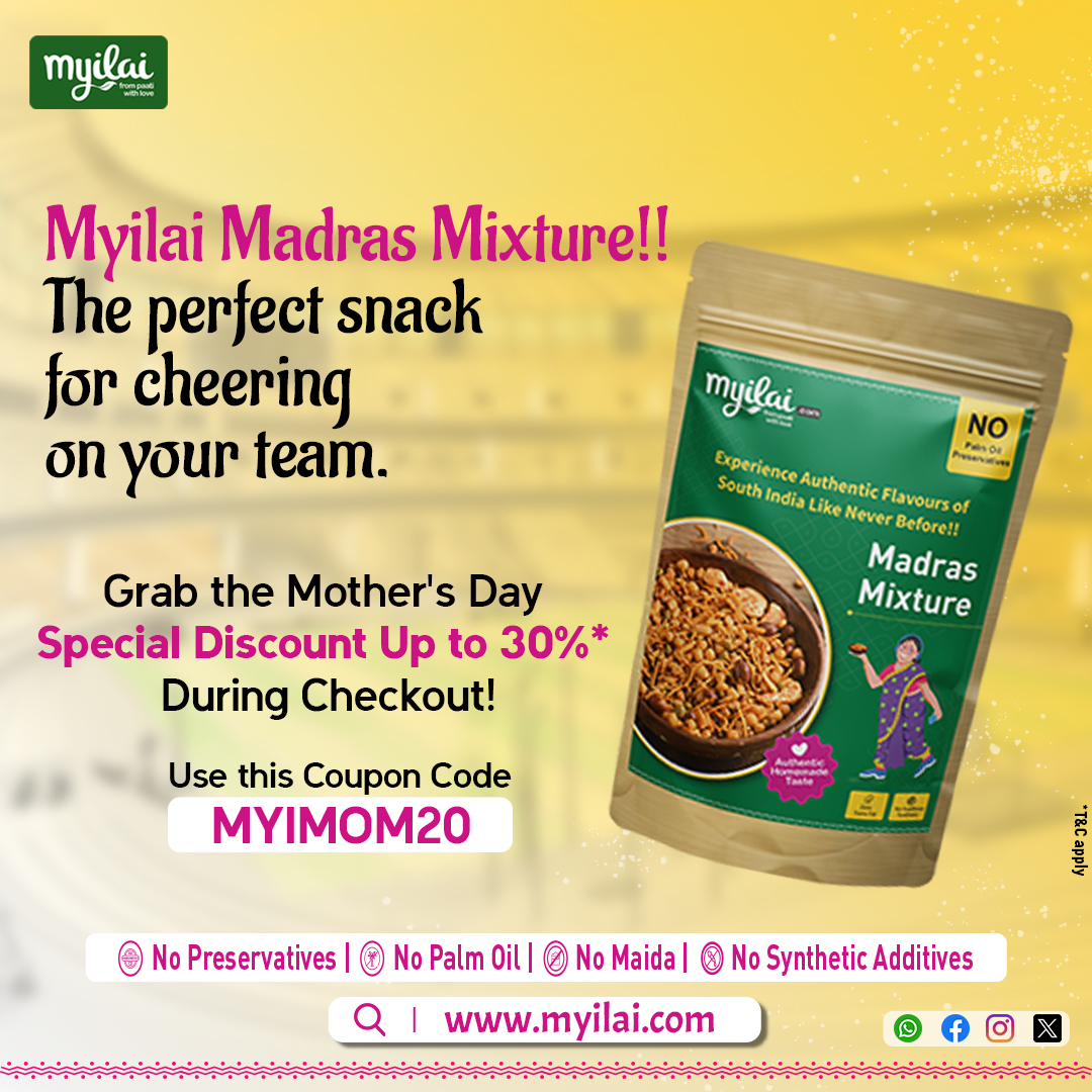 myilai_'s tweet image. Get ready to snack in style with Myilai Madras Mixture! Let's make every game day memorable!
Link in Bio🔗
No Palm Oil🚫
No Preservatives🚫
No Synthetic Additives🚫
No Maida🚫
#myilai #myilaiMadrasMixture #SnackInStyle #GameDayVibes #SnackTime #DeliciousSnacks #TeamSupport #Ipl24