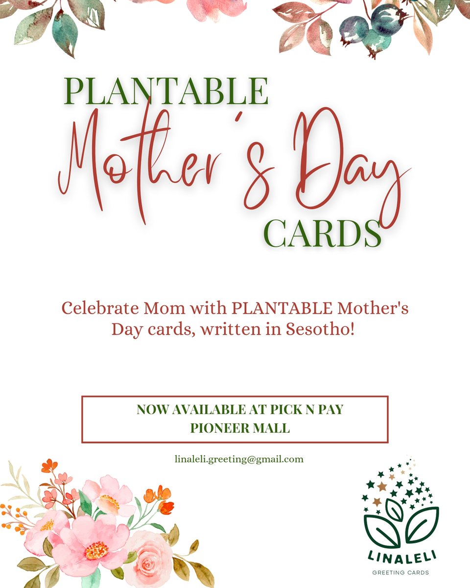 Very limited cards left at Pick n Pay Pioneer Mall (only) 💚🌱

Hurry and surprise mom with a plantable Mother's Day card written in Sesotho while stocks last.

Carrot and Lettuce 🥕🥬
Forget me not flowers 💐
Chilli 🌶️

linaleli.greeting@gmail.com for more information 💚🌱