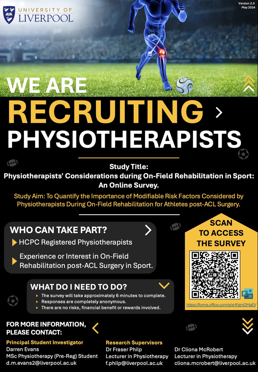 DarrenEvans_9's tweet photo. 📣 PHYSIOTHERAPISTS NEEDED FOR STUDY 📣
 
🔍 Study Title: Quantifying the Importance of Modifiable Risk Factors considered by Physiotherapists during On-field Rehabilitation for Athletes post-ACL Surgical Intervention: An Online Survey.
 
💻 Survey Link: https://t.co/hFakJbKDwS https://t.co/kmmUvUSLgo