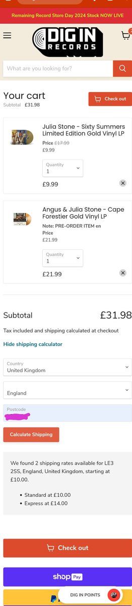 Hi! I'm a bit confused @DiginRecords re your postage rate that I'm going to be charged. It says on your website it's £5 no matter how many records I buy... I have 2 in my basket and it's trying to charge me  £10? Thanks!