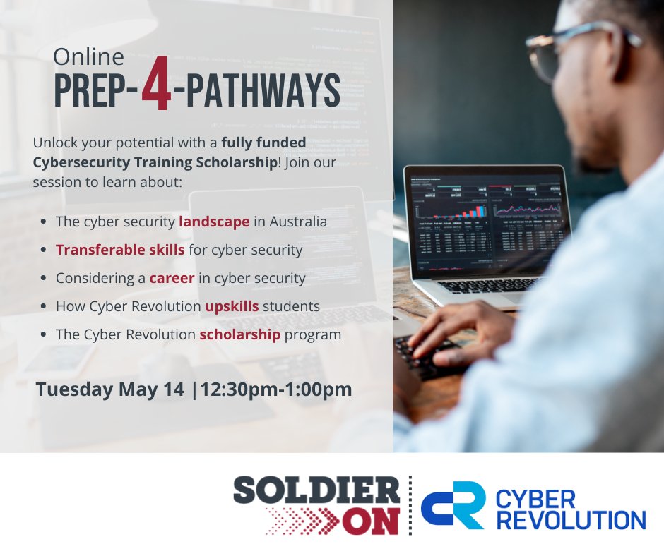 Join us online this Tuesday to learn about the current #CyberSecurity scene, the promising opportunities in cyber security for ex-Defence personnel and hear from Cyber Revolution about fully funded scholarship opportunities! 🖥️🔐 

Register now! trybooking.com/CRDMF