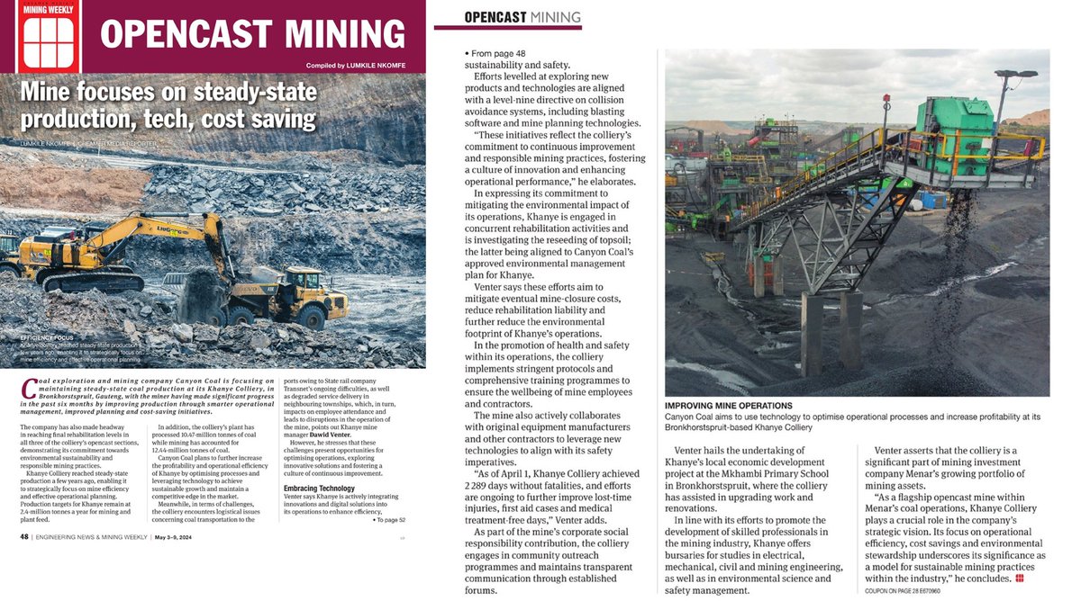 canyoncoal's tweet photo. “As of April 1, Khanye Colliery achieved 2 289 days without fatalities, and efforts are ongoing to further improve lost-time injuries, first aid cases and medical treatment-free days,” says Dawid Venter, #khanye mine manager. The article was published in @MiningWeekly. #menar #canyoncoal
