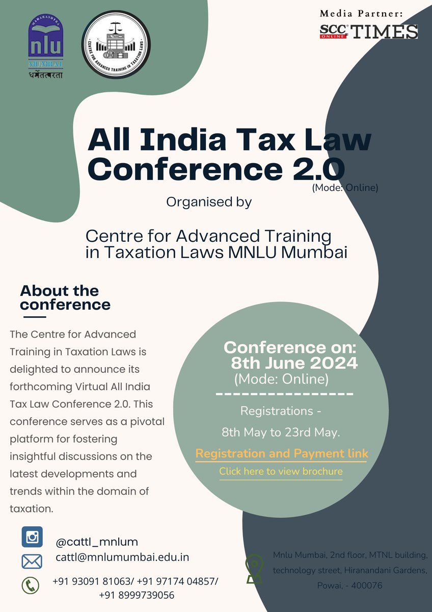The Centre for Advanced Training in Taxation Laws at Maharashtra National Law University Mumbai is delighted to announce the 2nd edition of its prestigious All India Tax Law Virtual Conference scheduled for the 8th of June, 2024. For more details visit: lnkd.in/dVZK84yj