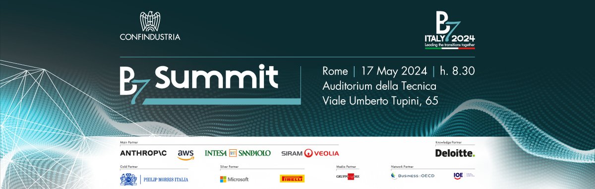📢 As proud Network Partners to the B7 (the business advisory forum to the @G7) alongside @ioevoice, we are delighted to participate in the B7 Summit next week thanks to our member @Confindustria. 📅 17 May 2024 📍 Rome, Italy 🤝 @AnthropicAI, @awscloud, @intesasanpaolo, Siram