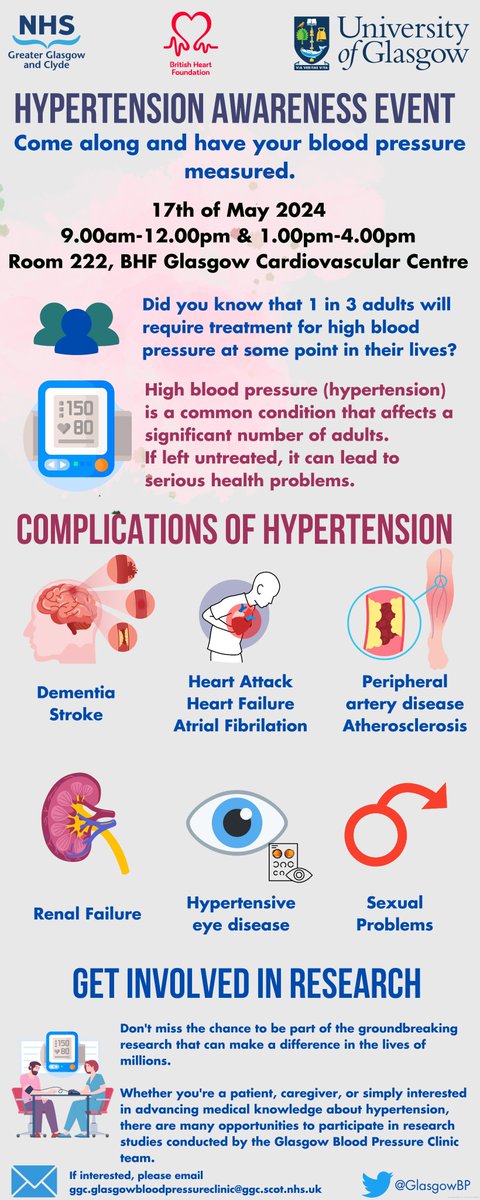 🩺 Join us on World Hypertension Day, May 17th, for free blood pressure checks! Take control of your health and drop by between 9am-12pm and 1pm-4pm to the BHF GCRC Room C222. #WorldHypertensionDay #KnowYourNumbers 💪