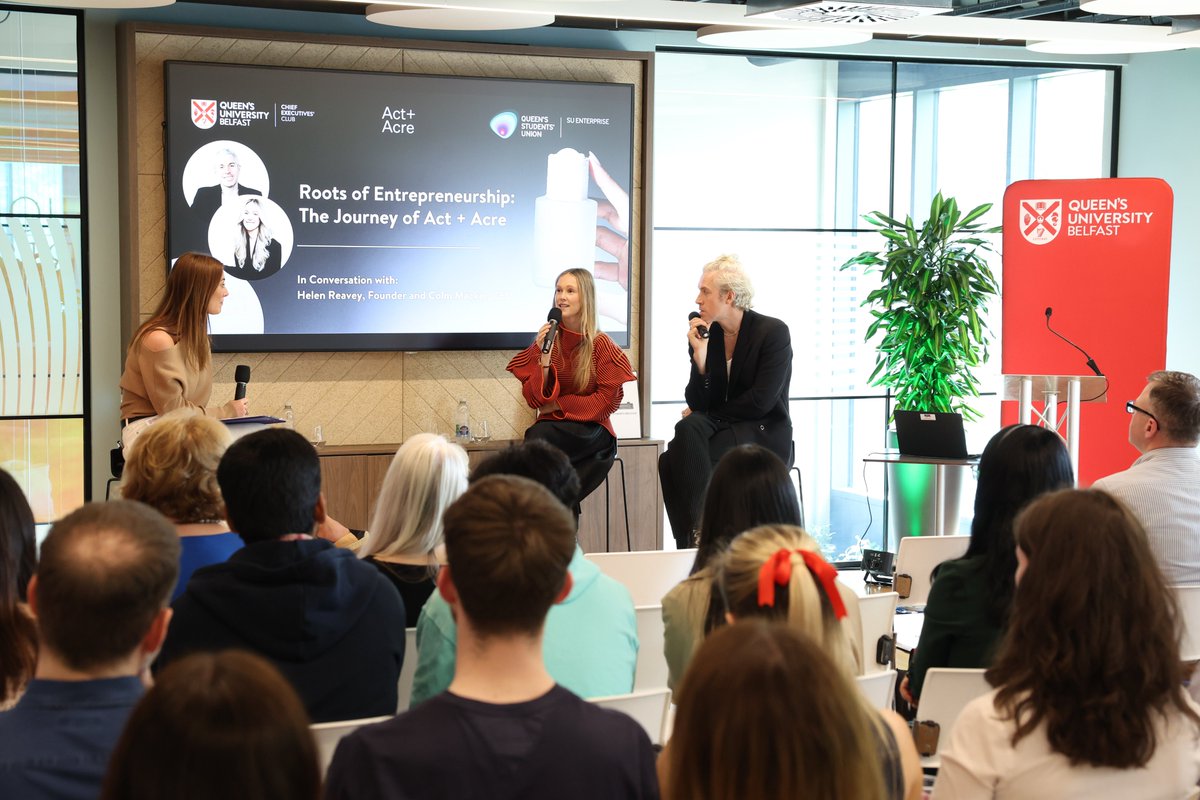 A huge thank you to Helen Reavey and Colm Mackin, Founders of @actandacre for joining us yesterday at ‘The Roots of Entrepreneurship’ and for sharing their remarkable journey with our students and CEC members! #LoveQUB #Founders #Entrepreneurship