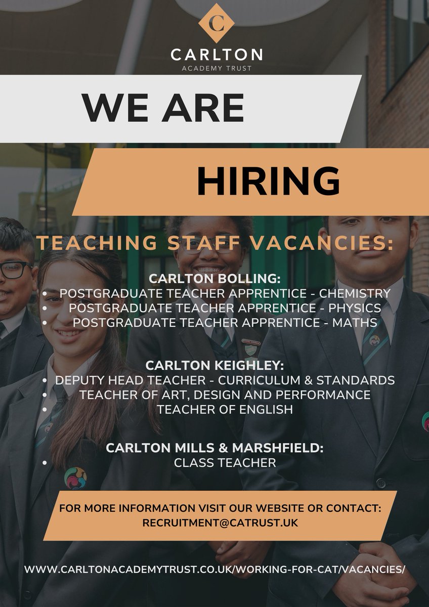 ✨JOIN OUR TEAM AT CARLTON ACADEMY TRUST ✨ Looking for teaching opportunities? Then join us at Carlton Academy Trust! We are currently seeking passionate individuals to fill vacancies across our award winning primary and secondary schools. When you join Carlton Academy Trust,…