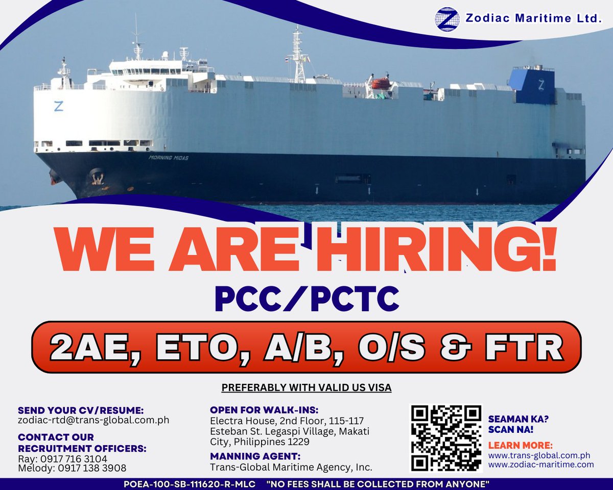 (1/2)📢 Grow professionally in pursuit of your seafaring goals by sailing with ZODIAC MARITIME!

Send your CV/Resume:
zodiac-rtd@trans-global.com.ph

POEA-100-SB-111620-R-MLC
'NO FEES SHALL BE COLLECTED FROM ANYONE'
#hiring #careeratsea #maritimejobs #transglobalmaritime