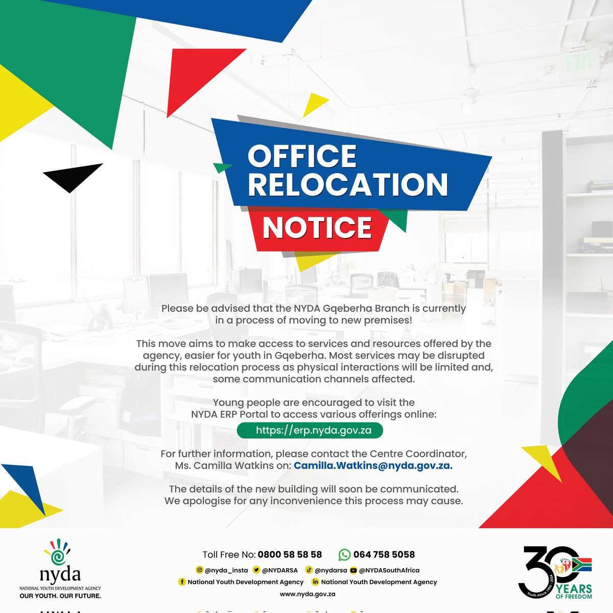 [IMPORTANT NOTICE] NYDA Gqeberha (Port Elizabeth) Branch to adapt to changing demographic trends and shifts in the needs of the youth population, by moving to new premises. The move to an accessible location is aimed at making the NYDA services more convenient and available…