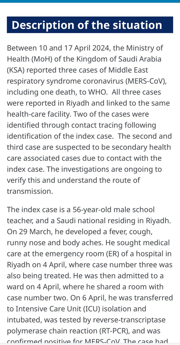 ⚠️New sudden outbreak of MERS coronavirus with HUMAN TO HUMAN transmission—WHO has put out an outbreak bulletin regarding 3 cases in Saudi Arabia 🇸🇦 who contracted MERS (with zero contact with camels). All 3 were hospitalized and intubated. Index case has died in just 11 days