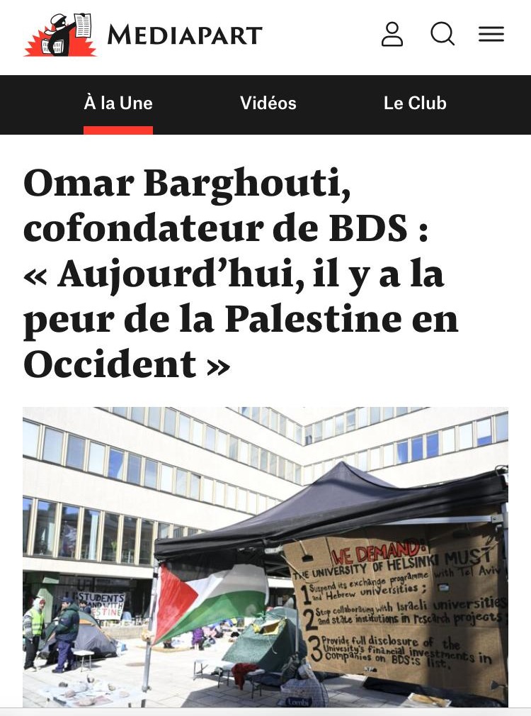 📢🇵🇸 Interview de Omar Barghouti, cofondateur de @BDSmovement pour @Mediapart  « Aujourd’hui, il y a la peur de la Palestine en Occident ».

Lien de l'article complet sur notre linktr.ee : linktr.ee/campagnebds