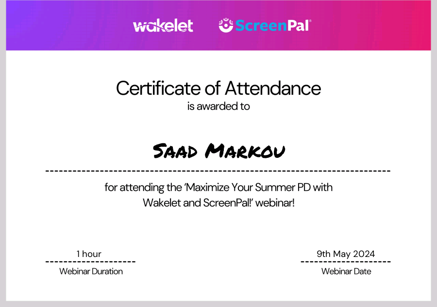 'Maximize Your Summer PD with #Wakelet and #ScreenPal!'

Thank you 🩵 @wakelet & @screenpalapp 
#WakeletWave
#edtech #يوميات_معلم_مغربي