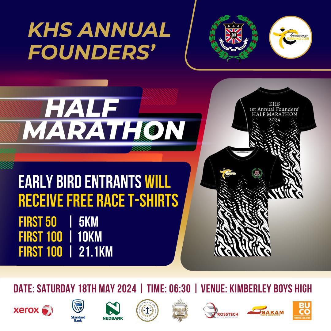Kimberley Boy's High Founders weekend 17th to 18th of May 2024 Last race before Comrades. Register on: evententry.co.za Come and join us for a fun filled family weekend. #TrapnLos #IPaintedMyRun #FetchYourBody2024 #RunningWithTumiSole #TRCorNothing