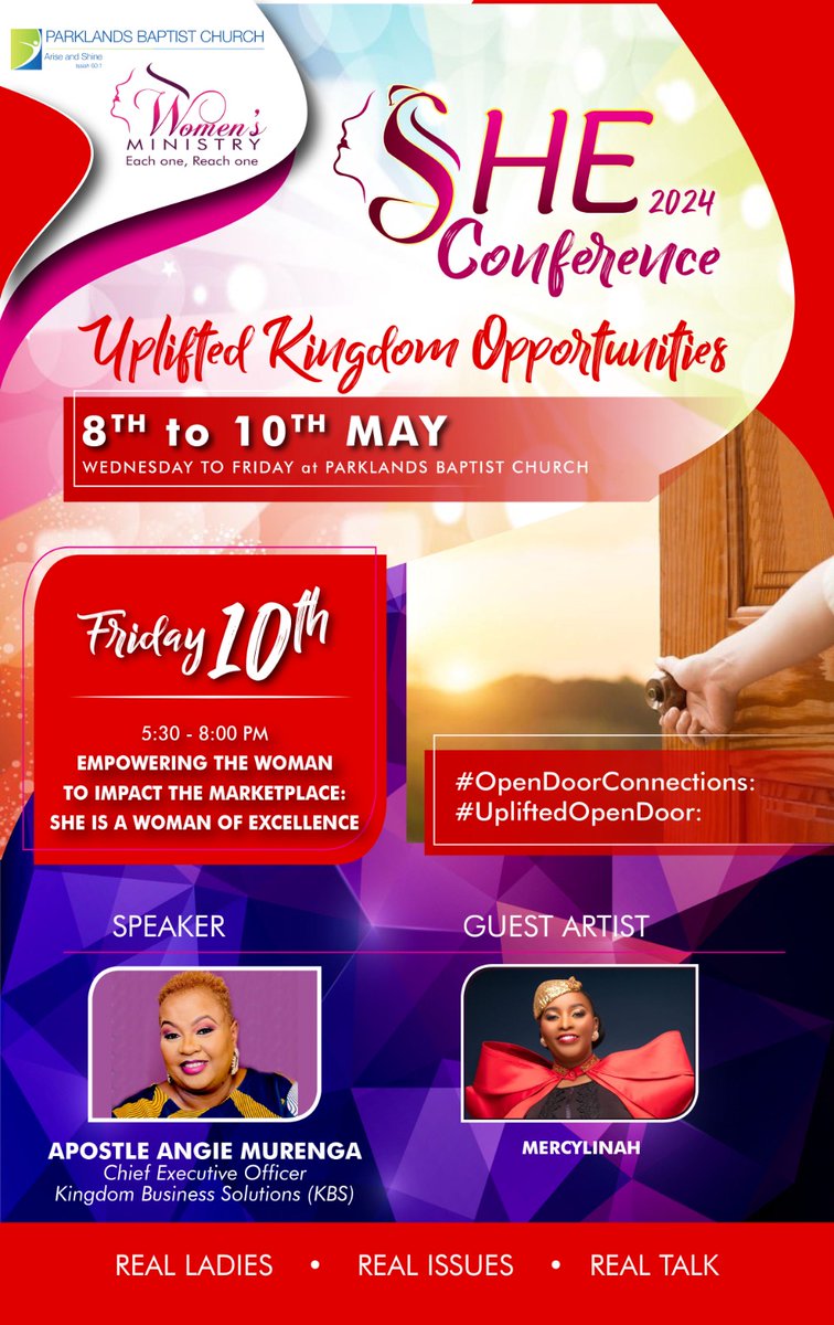 Today being a holiday, we also celebrate you women. She Conference Day 3 is here. Graced by our Guest Speaker, Apostle Angie Murenga and our Guest Artist, Mercylina. You wouldn't wonnah miss this. See you then. #OpenDoorConnection #UpliftedKingdomOpportunities #ParkieBaptist…